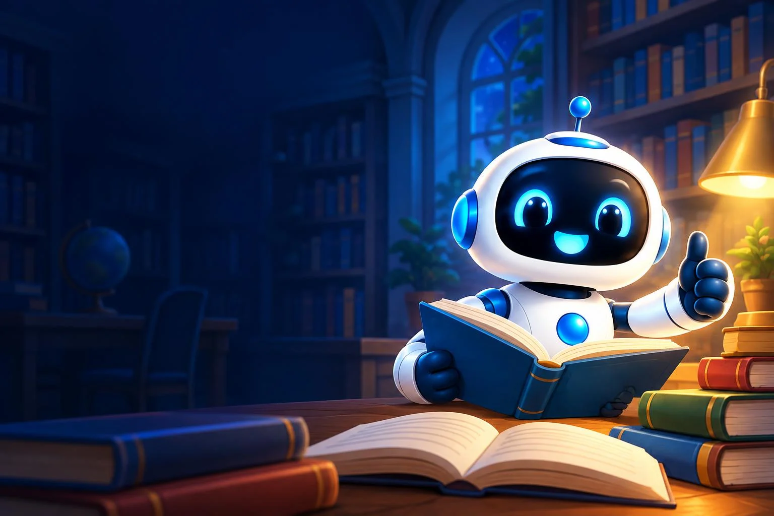 Robô azul e branco AcertAI lendo um livro na biblioteca