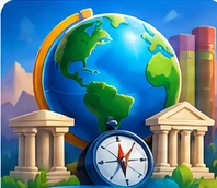 Globo terrestre, bússola e monumentos