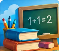 Livros, lápis e quadro escolar